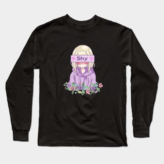 Shy Anime Girl Long Sleeve T-Shirt by Mavis Fox